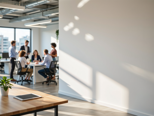 Modern office interior with team members working on product development, white walls, natural lighting, product samples visible, collaborative workspace