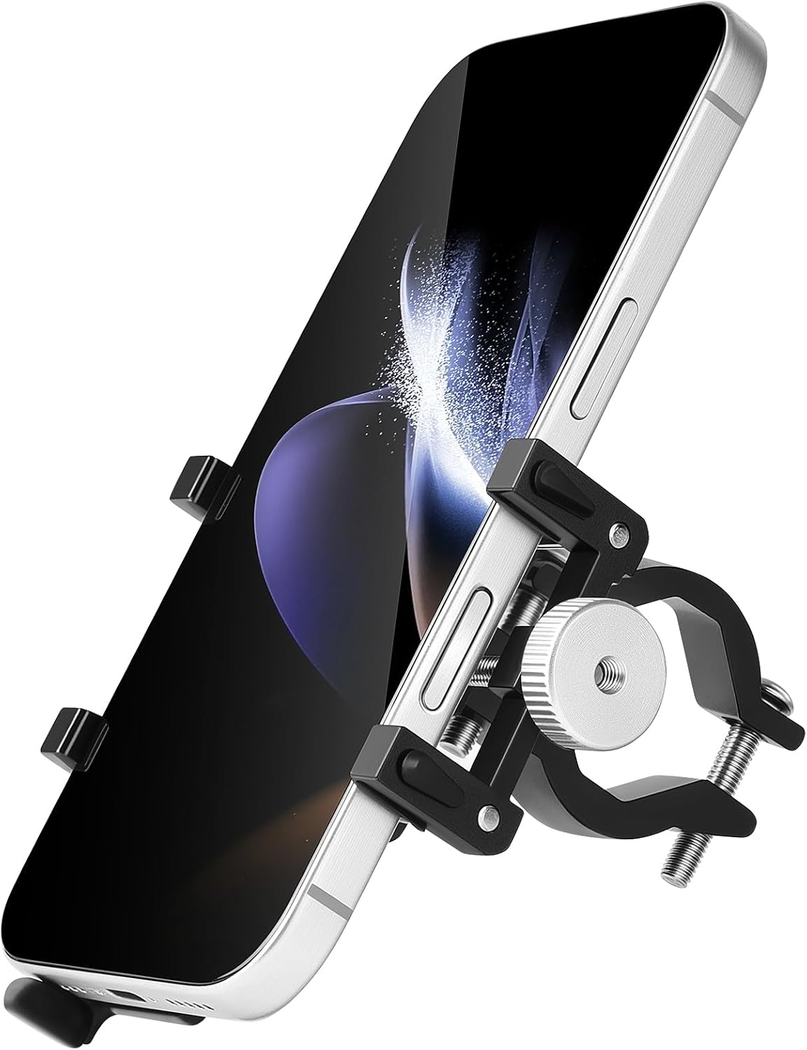 Universal phone mount for bicycle handlebar, adjustable clamps, black finish, compatible with various smartphone sizes, secure grip