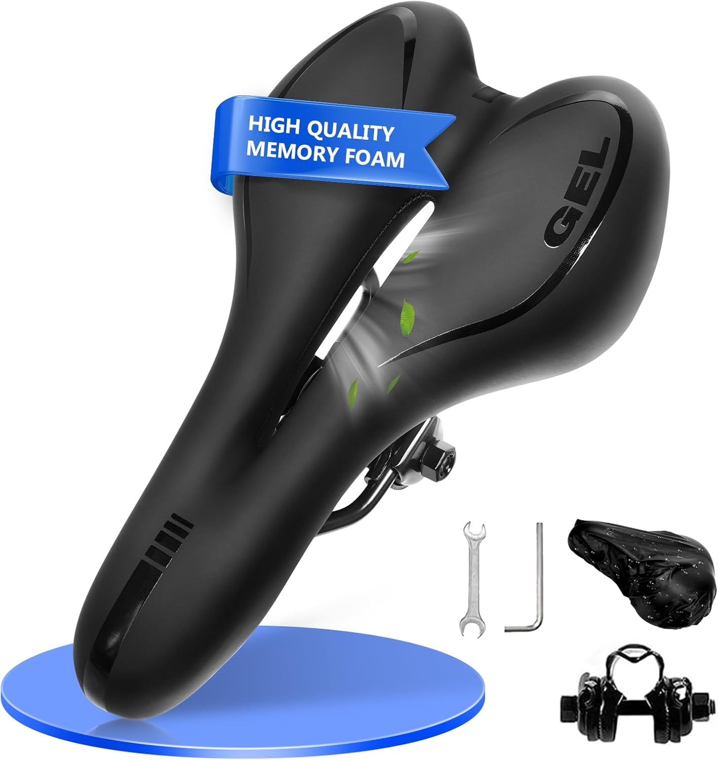 Ergonomic bicycle saddle with black leather texture, padded seat area, lightweight design, modern shape, suitable for road cycling